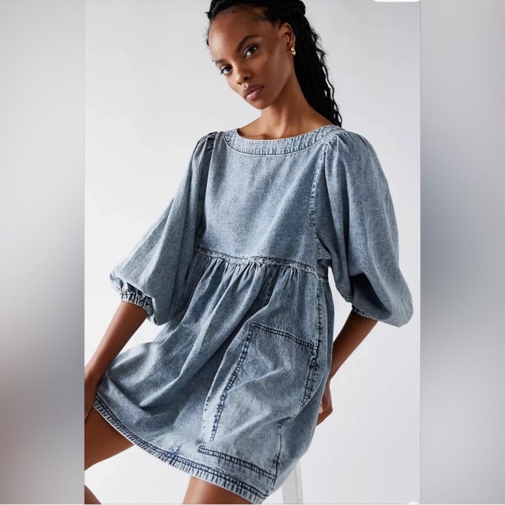 Free People Get Obsessed Blue Bishop Sleeve Mini Sundress